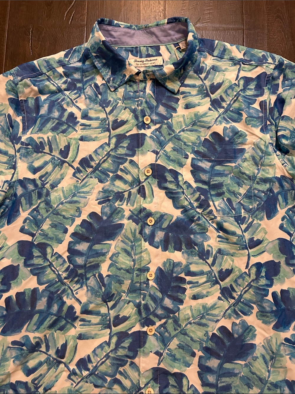 Tommy Bahama Blue and Aqua Tropical Leaf Camp Shirt
